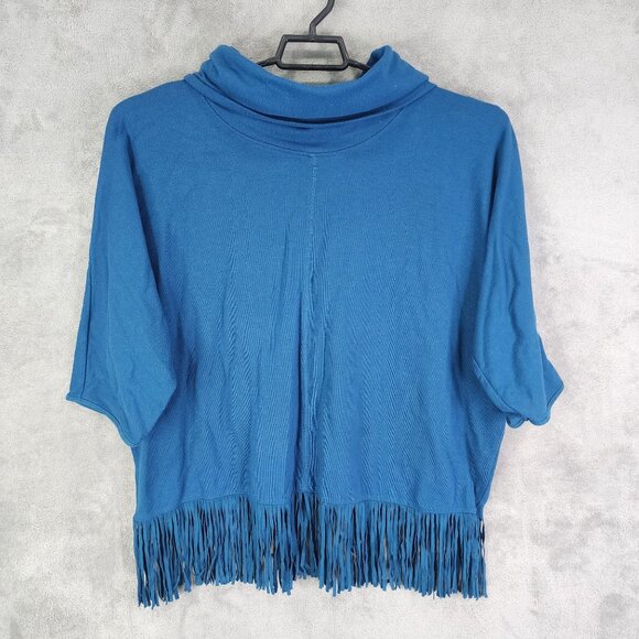 Womens Blue Terre Bleue Fringe Poncho Top Cowl Neck Kimono Sleeve Size XXL - Picture 2 of 8